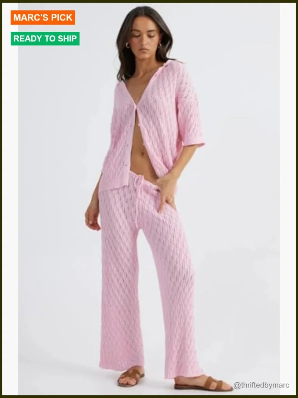 Women's Two Piece Matching Lounge Set - Short Sleeve Button Top & Wide Leg Pants